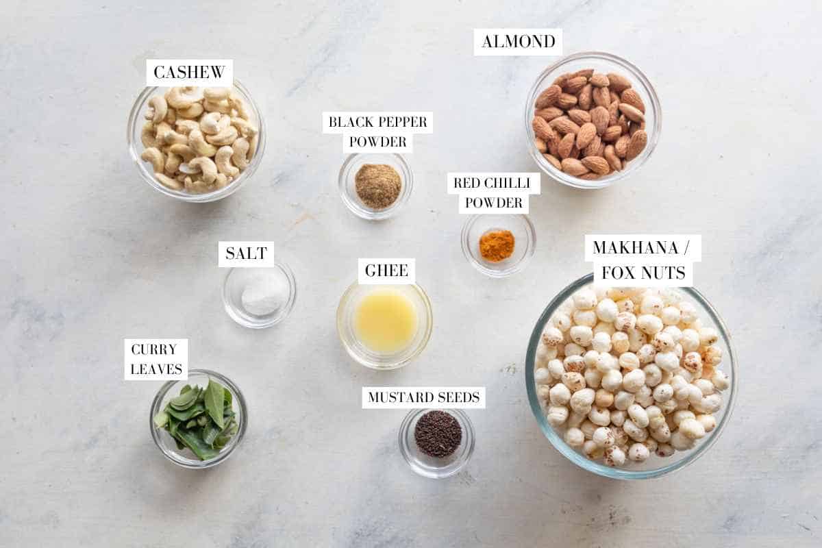 air fryer roasted makhana and nuts ingredients with text overlay