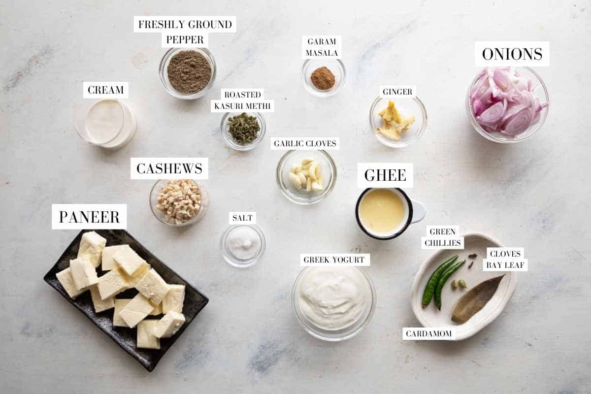 Picture of all the ingredients for paneer kali mirch with text to identify them