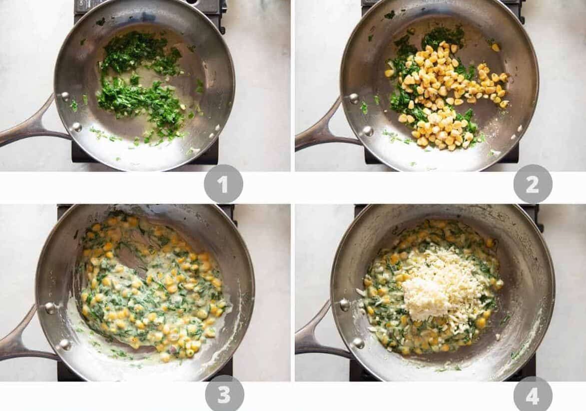 Step by step picture collage showing how to make Corn Spinach Puffs
