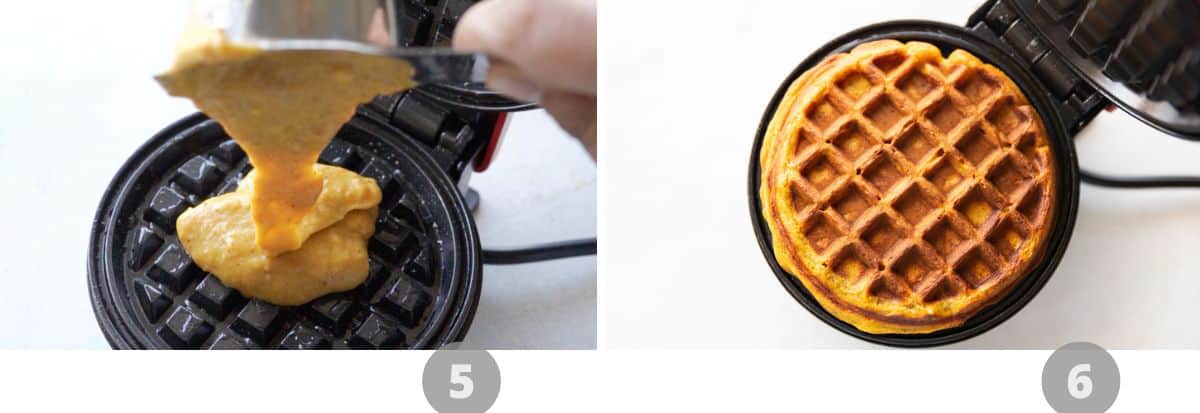 Step by step picture collage showing how to make pumpkin waffles