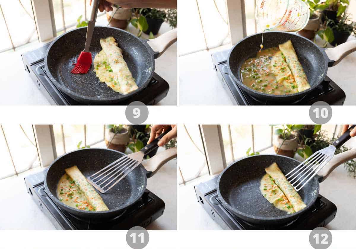 Step by step picture collage showing how to make korean omelette