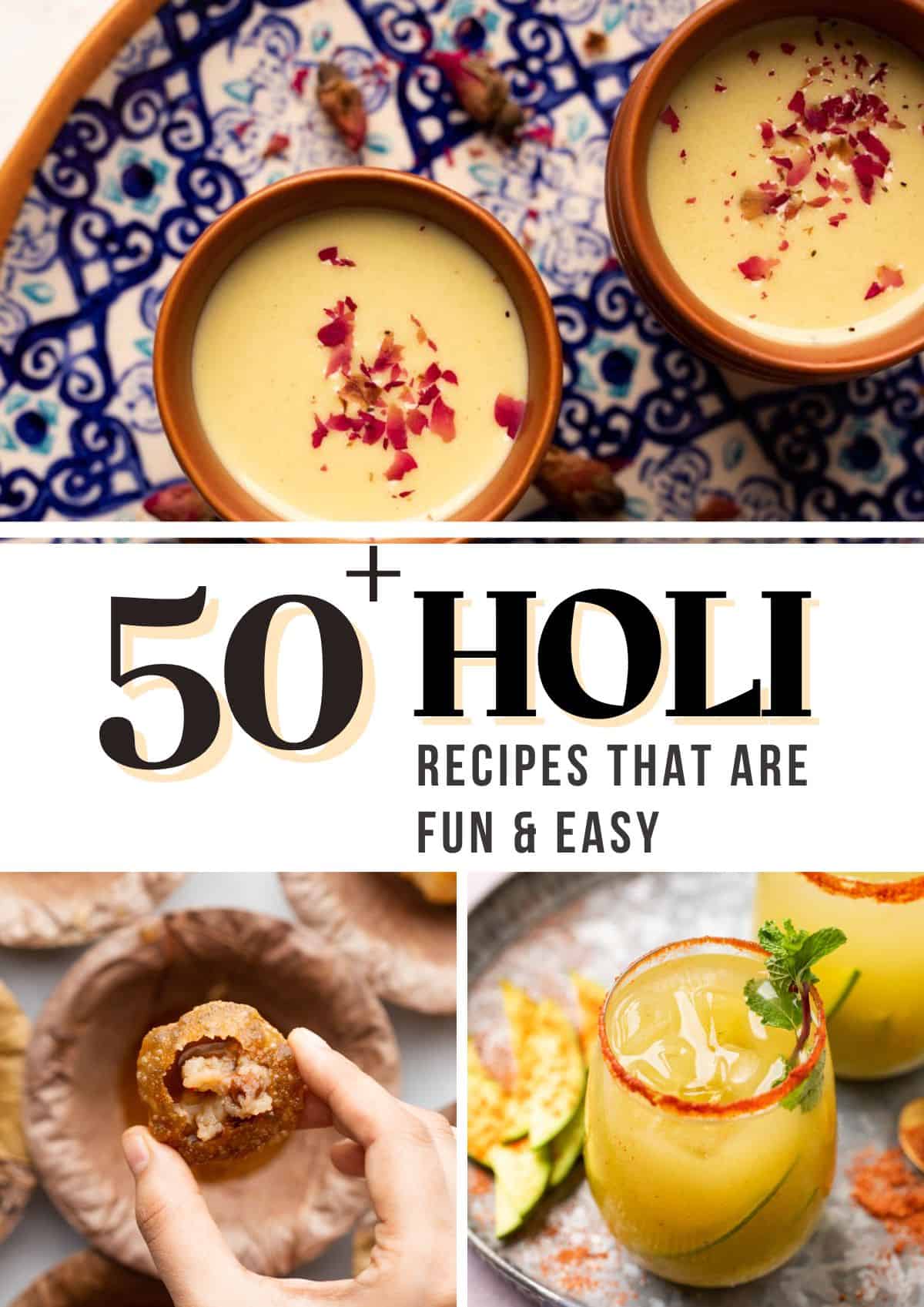 Photo collage showing a few pictures of holi recipes with text overlay