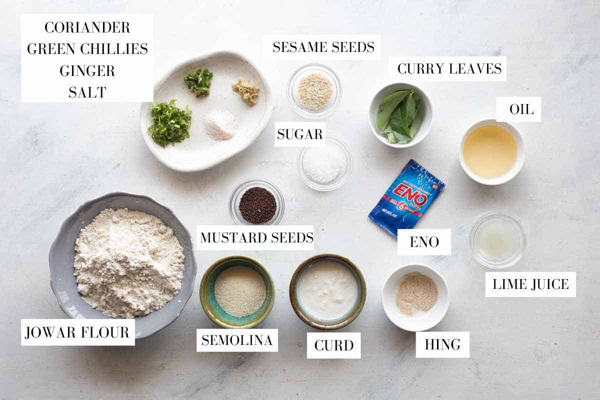 Ingredients for Jowar Dhokla with text to identify them