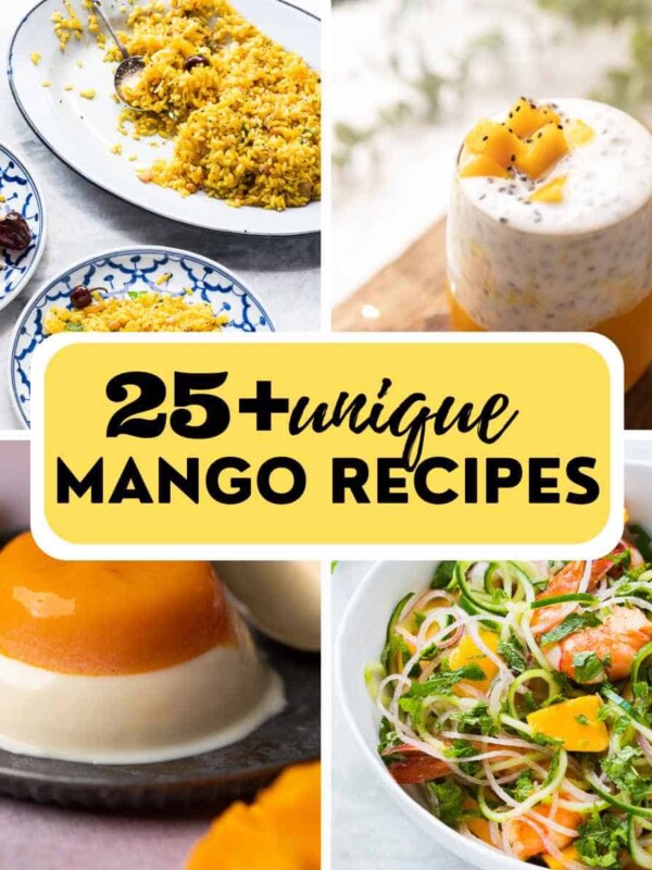 photo collage showing mango recipes with text overlay