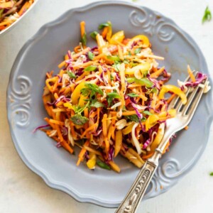 Asian Slaw in a grey bowl with fork on a white background