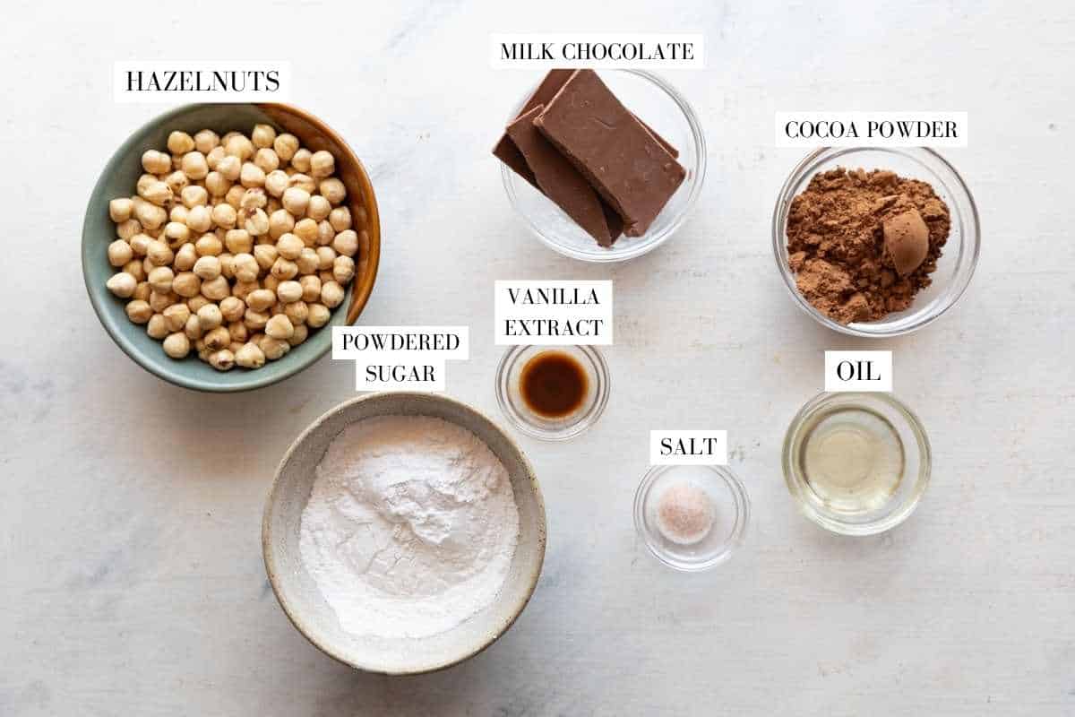 Ingredients for homemade nutella with text overlay