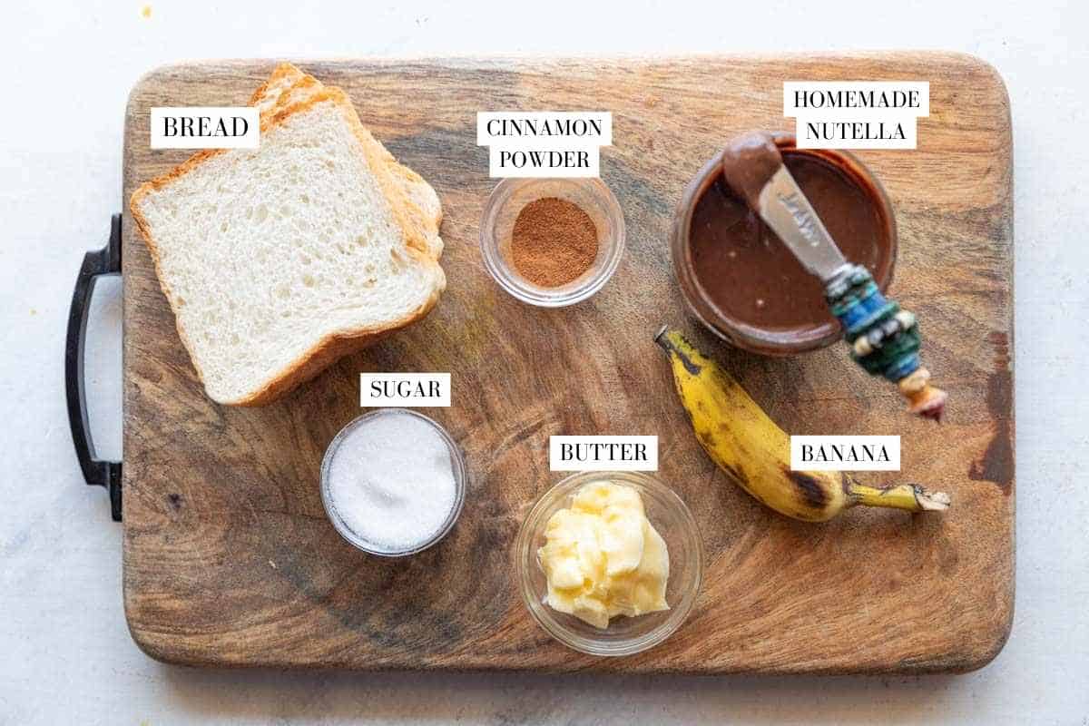 ingredients for chocolate banana sandwich with text overlay