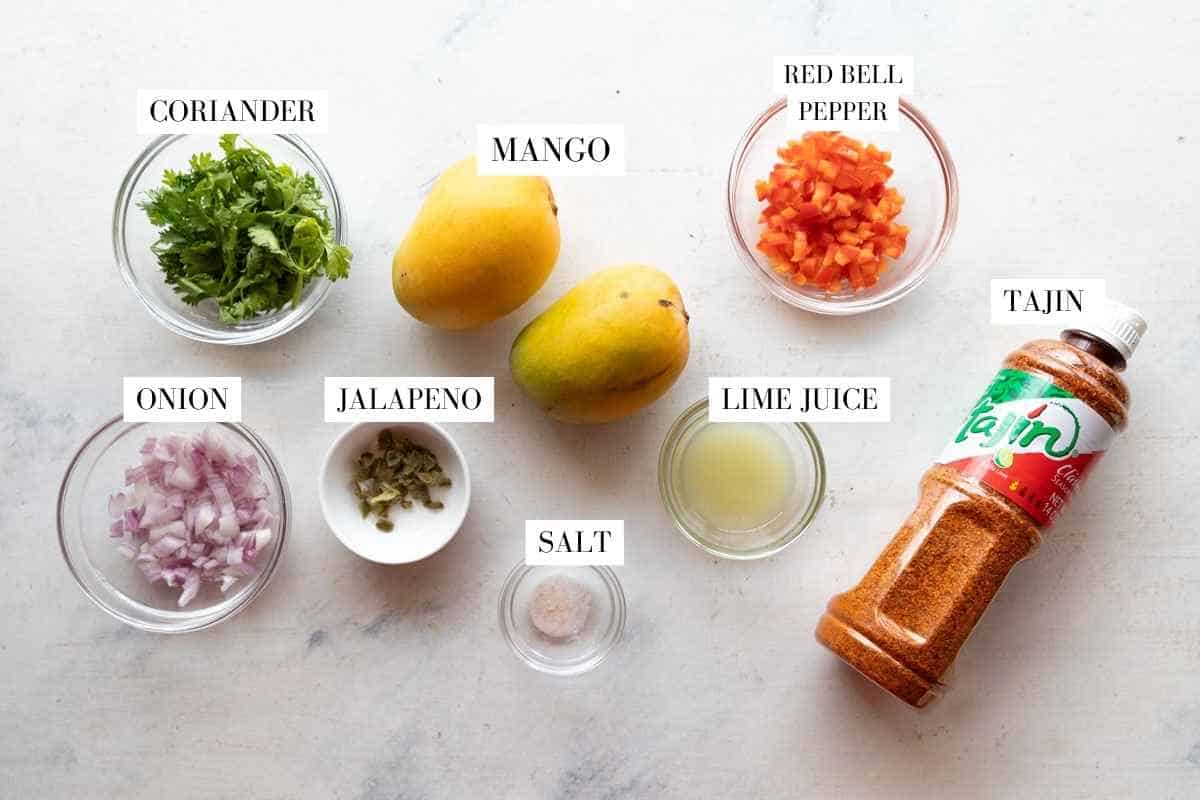 Ingredients for mango salsa with text overlay