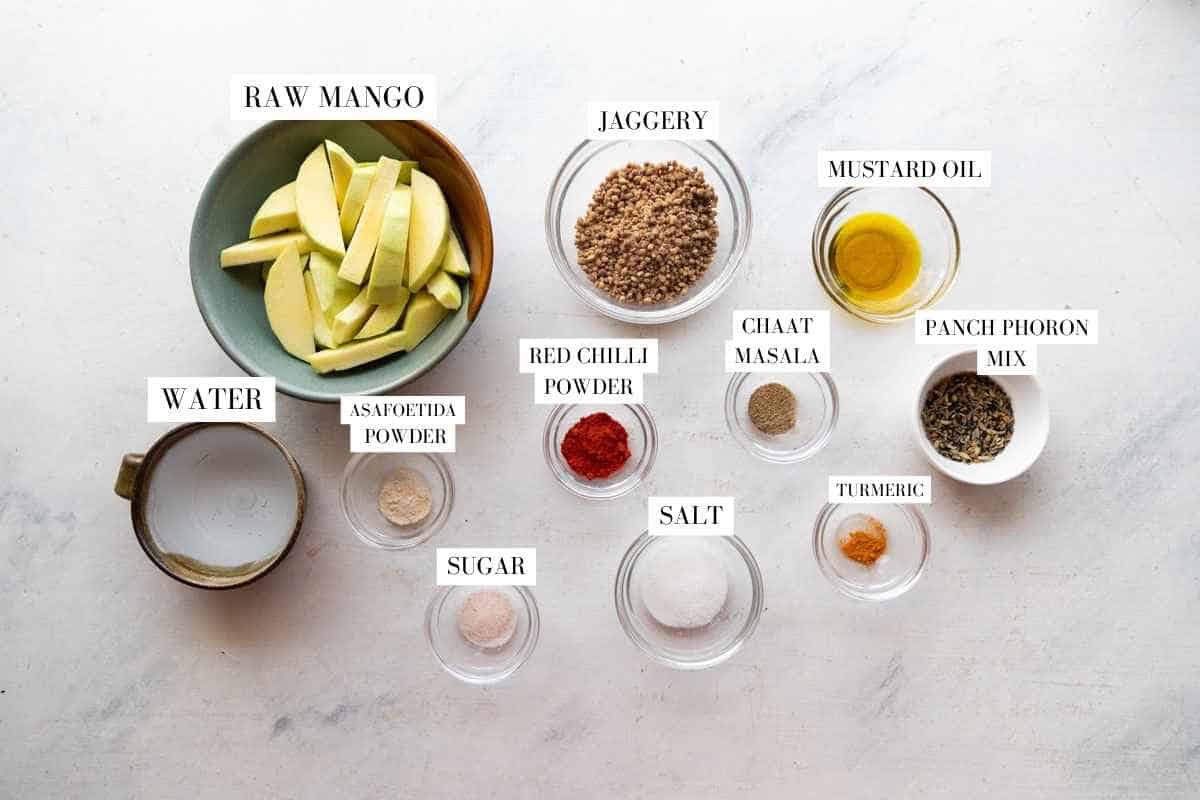 ingredients for raw mango chutney with text overlay