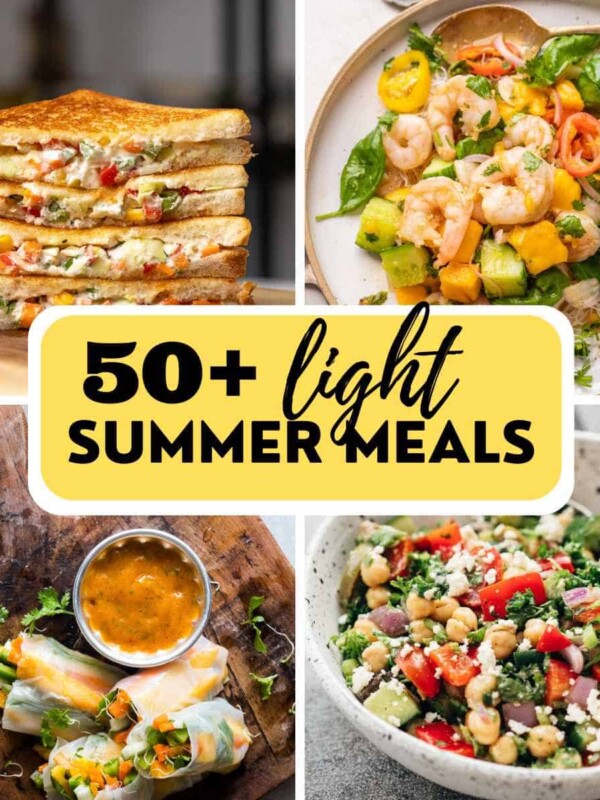 photo collage showing a few light summer meal ideas with text overlay
