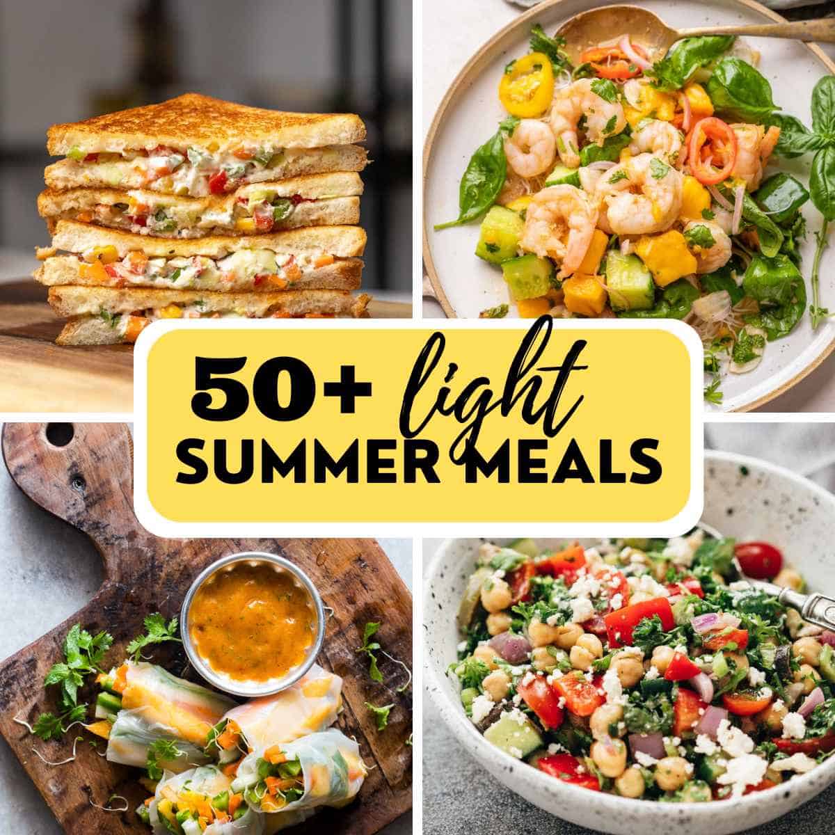 photo collage showing a few light summer meal ideas with text overlay
