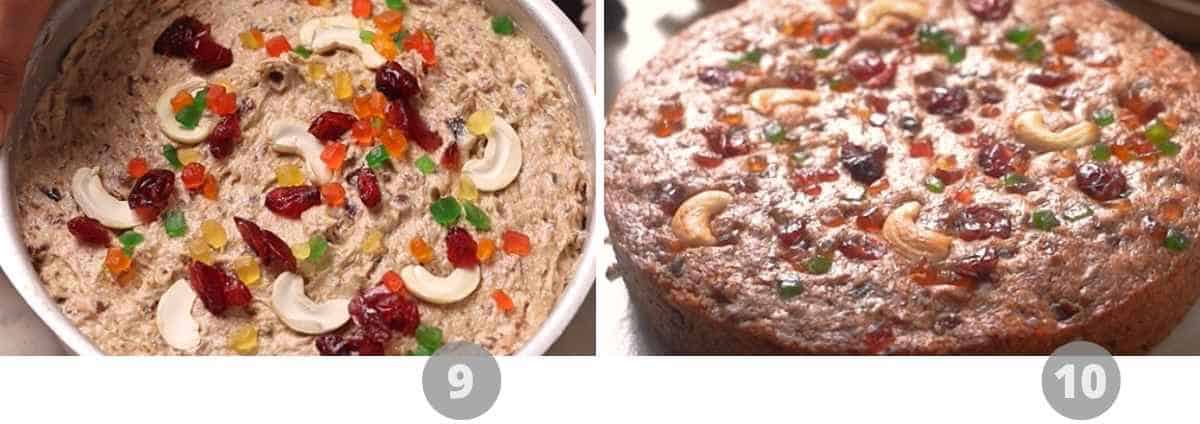steps 9 and 10 of making eggless plum cake