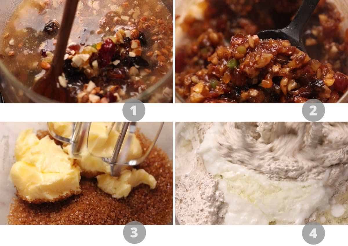 step 1 to 4 of making eggless plum cake