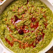 close up image of palak khichdi to show it's texture and color