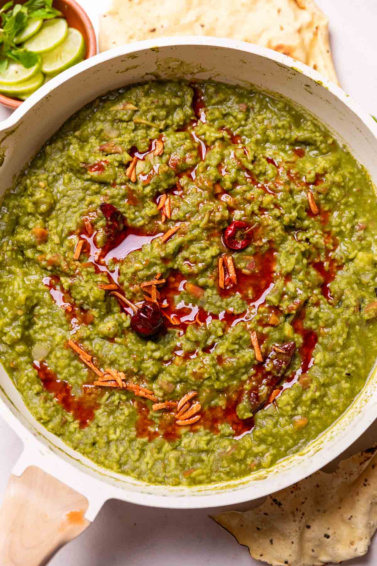 close up image of palak khichdi to show it's texture and color