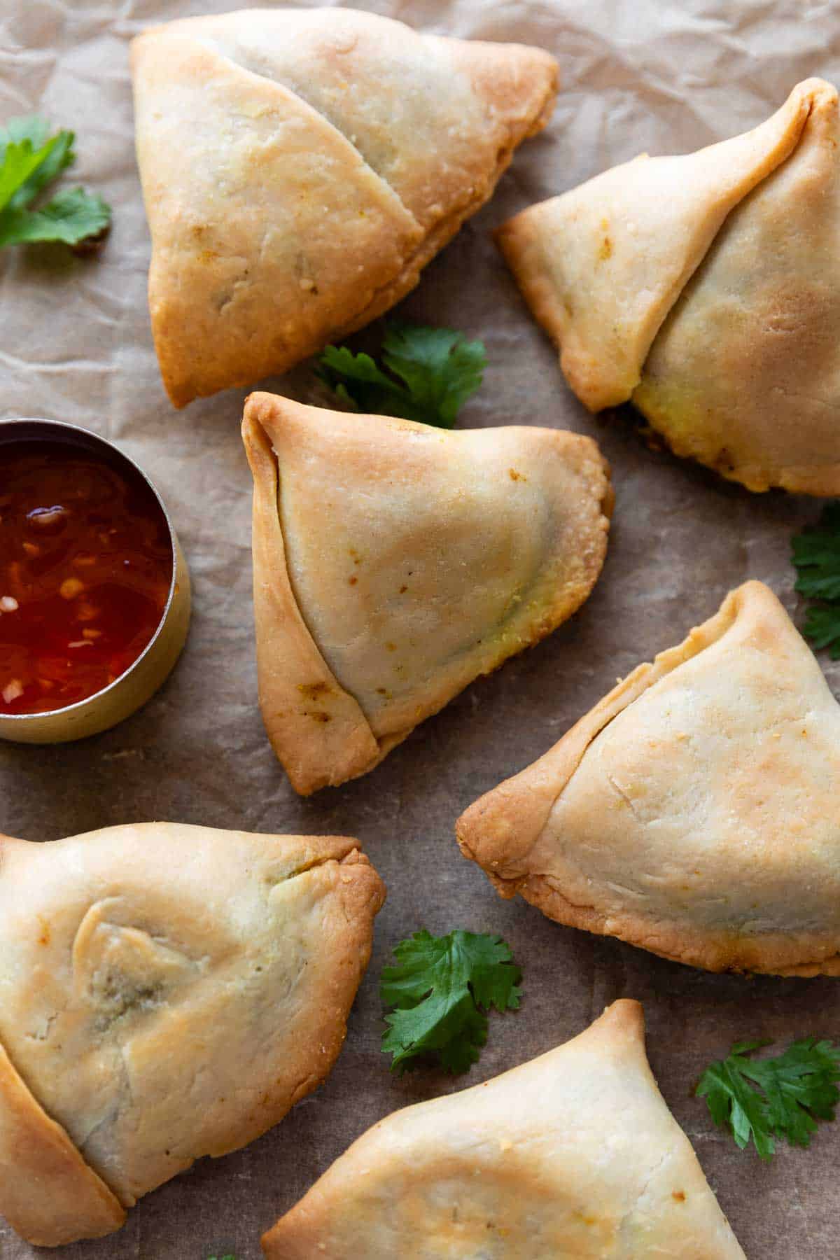 air fryer samosas served with ketchup