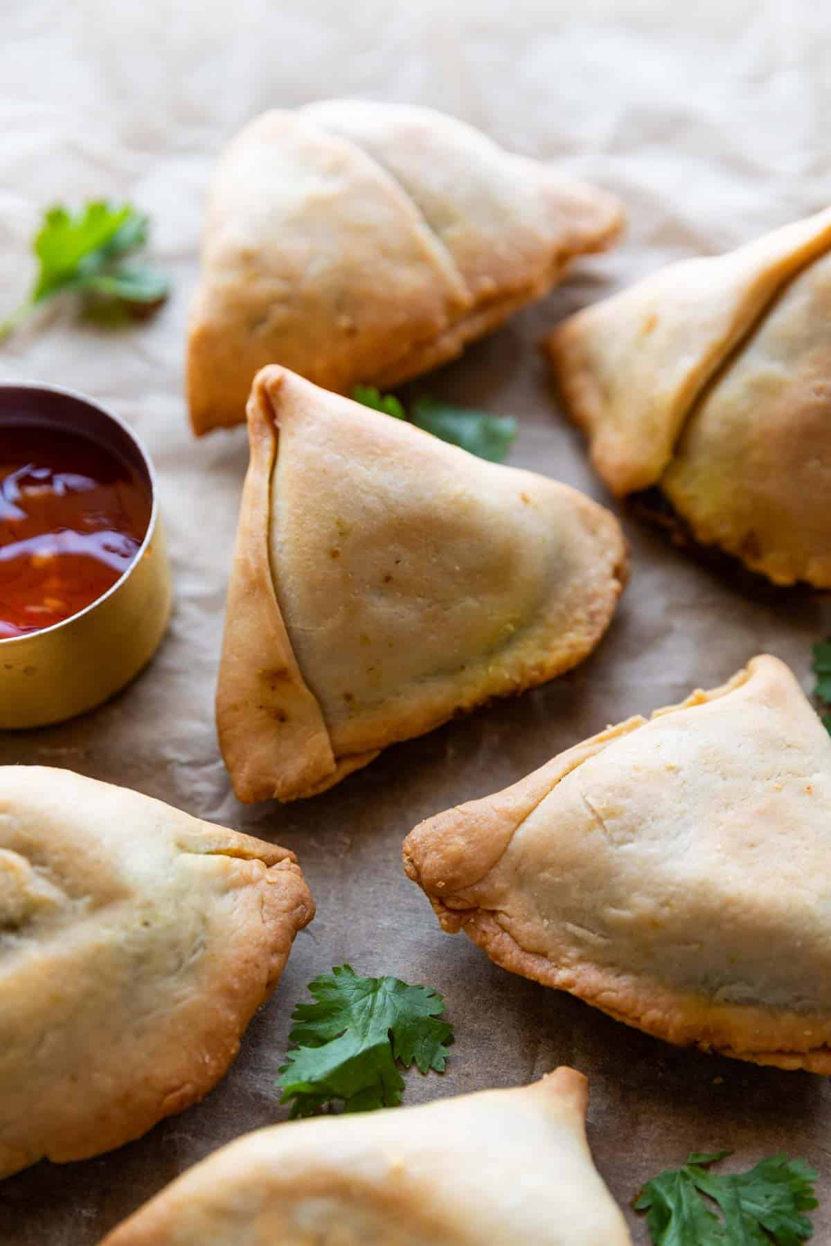air fryer samosas served with ketchup