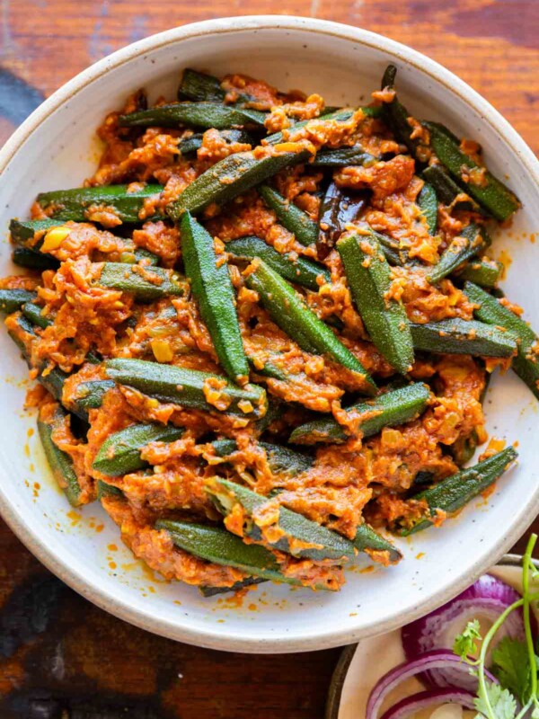 bhindi masala dhaba style served in a white bowl