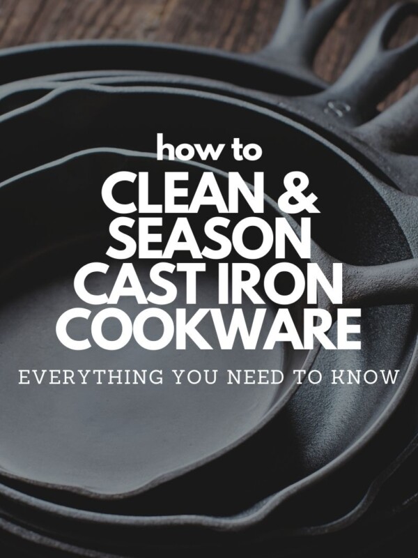 an image of a stack of freshly cleaned and seasoned cast iron pans with text overlay
