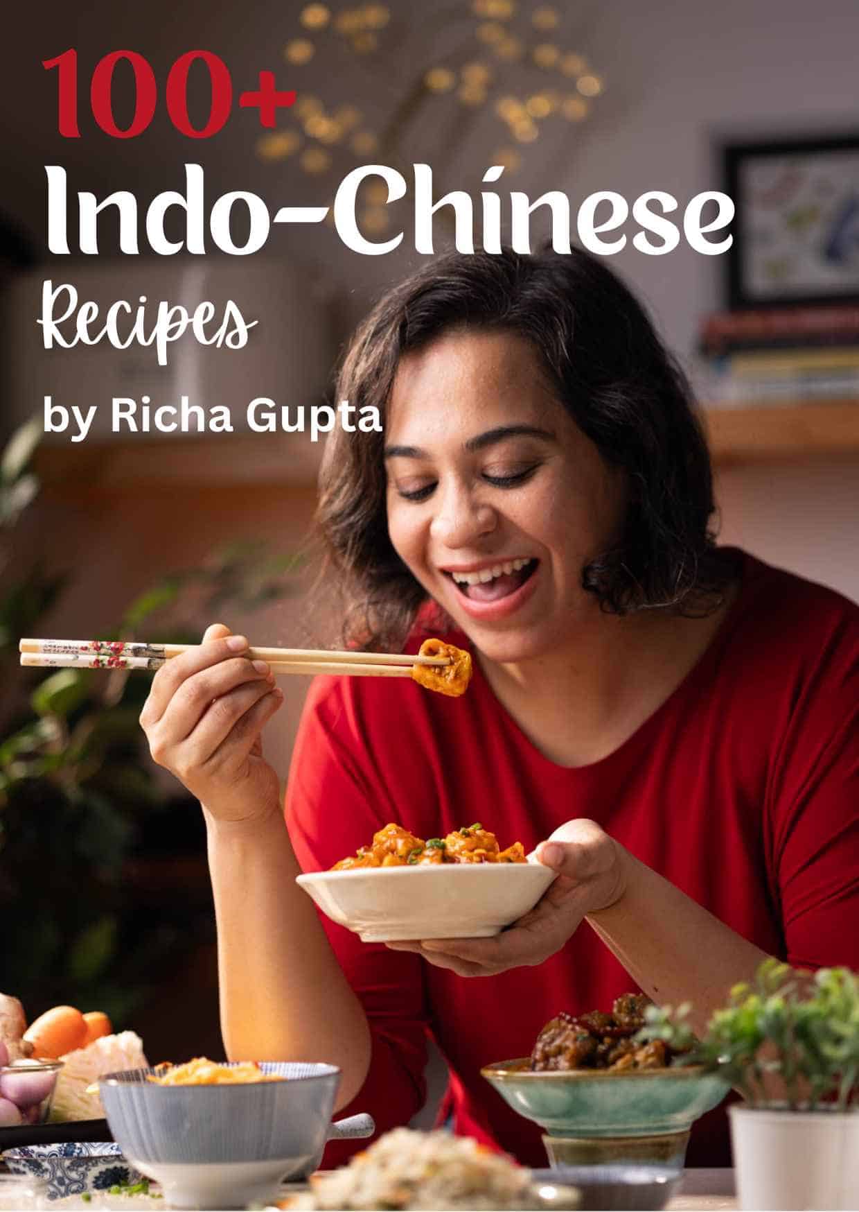 a photo of a smiling woman eating from a bowl with chopsticks and text overlay