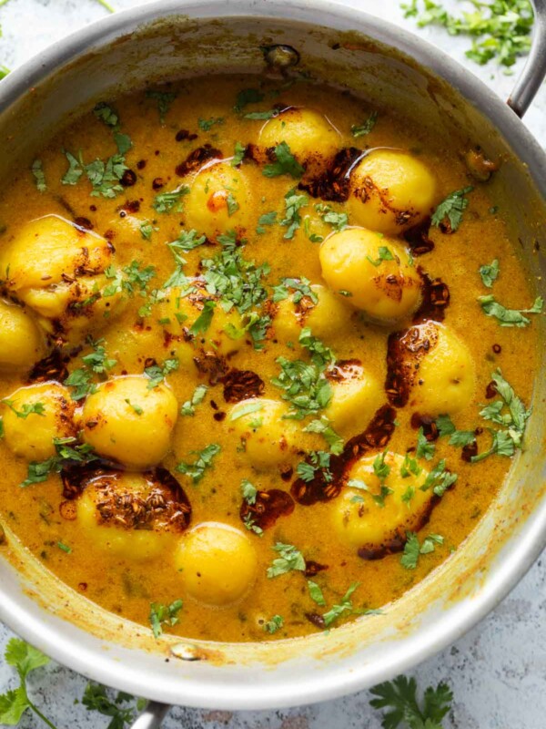 delicious dahi aloo in a kadai ready to be served