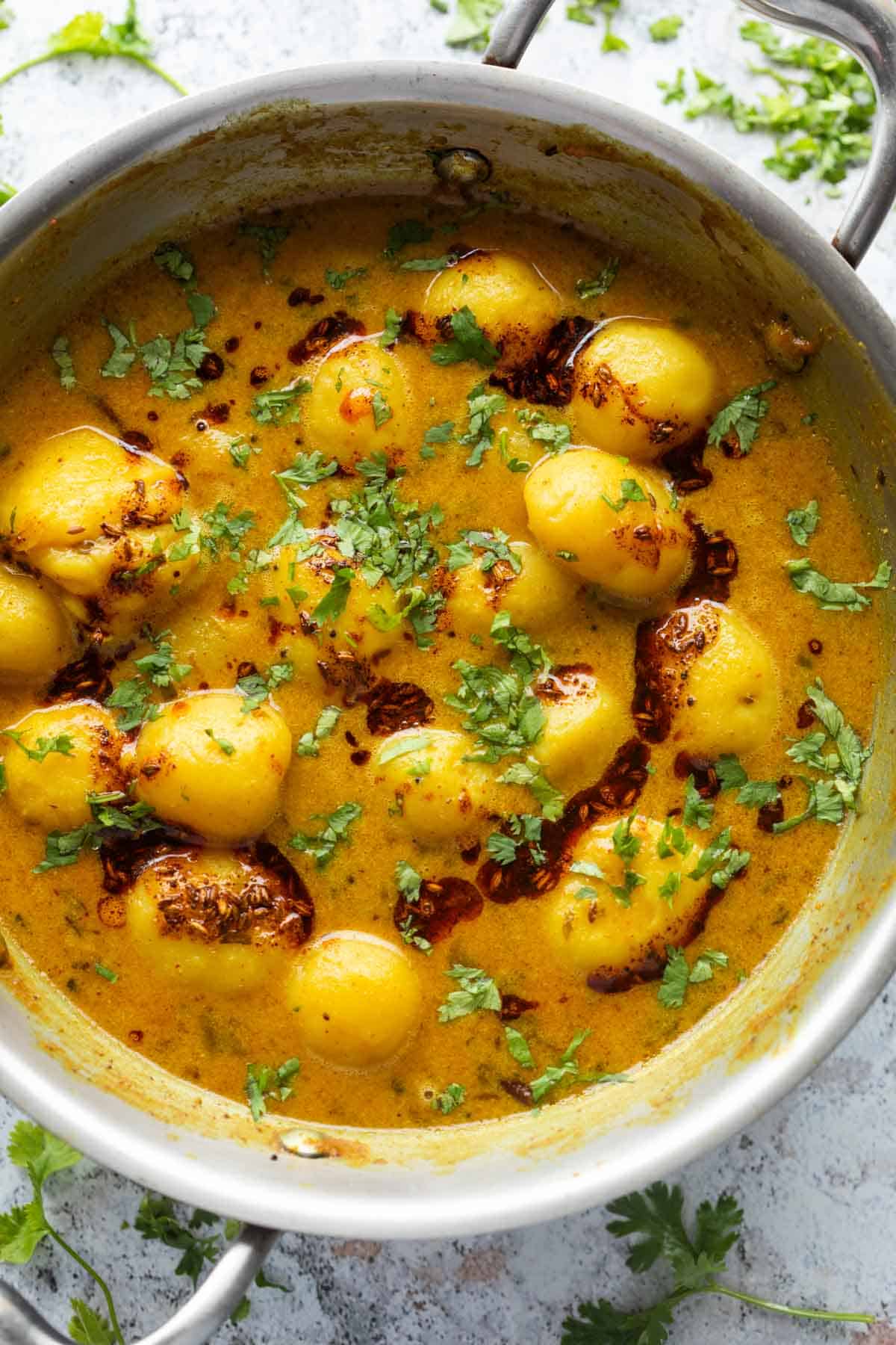 delicious dahi aloo in a kadai ready to be served