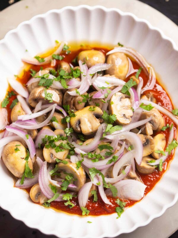 Nepali Mushroom Salad or Sadheko, served in bowl