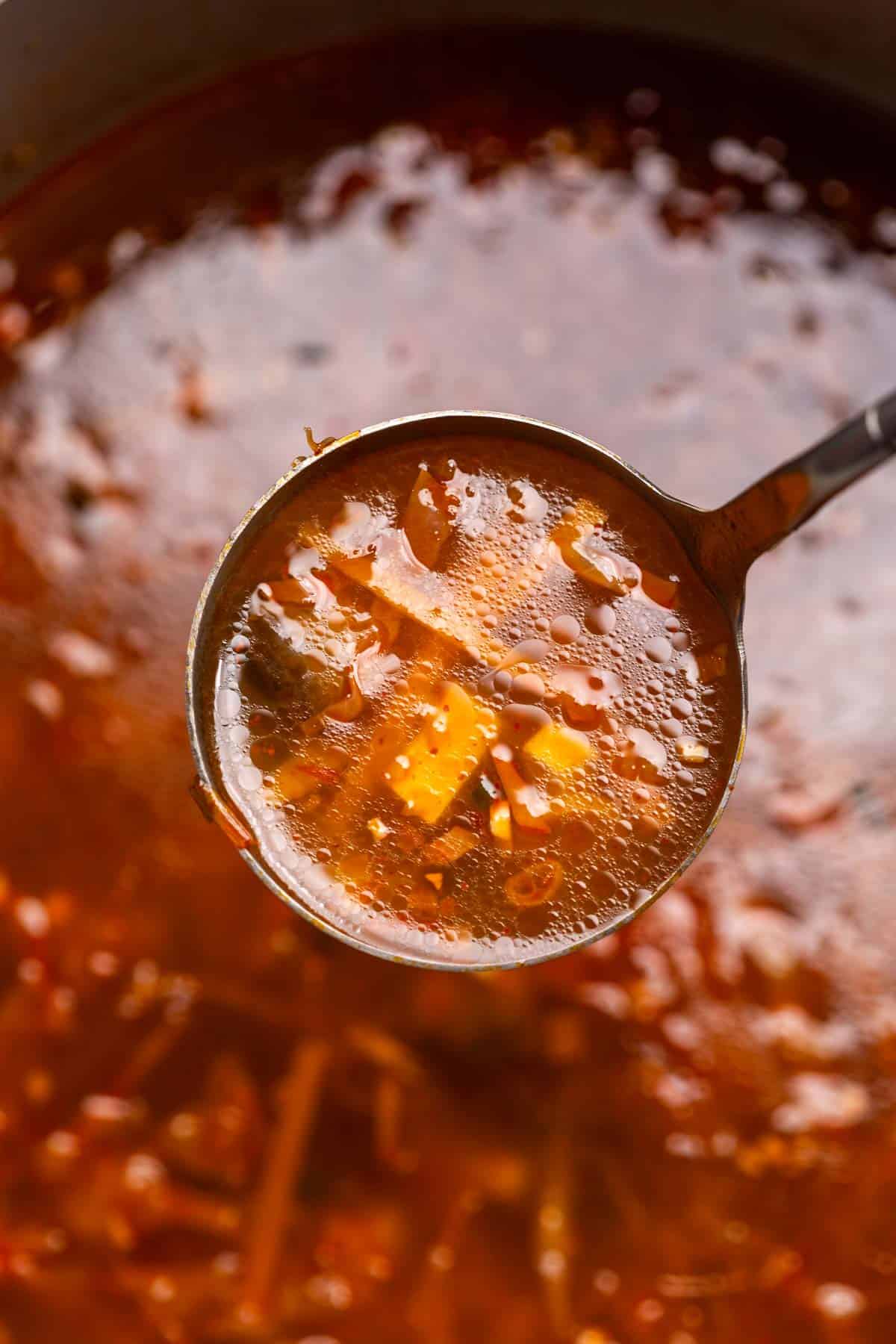spicy noodle soup scooped up in a ladle to show the consistency and texture