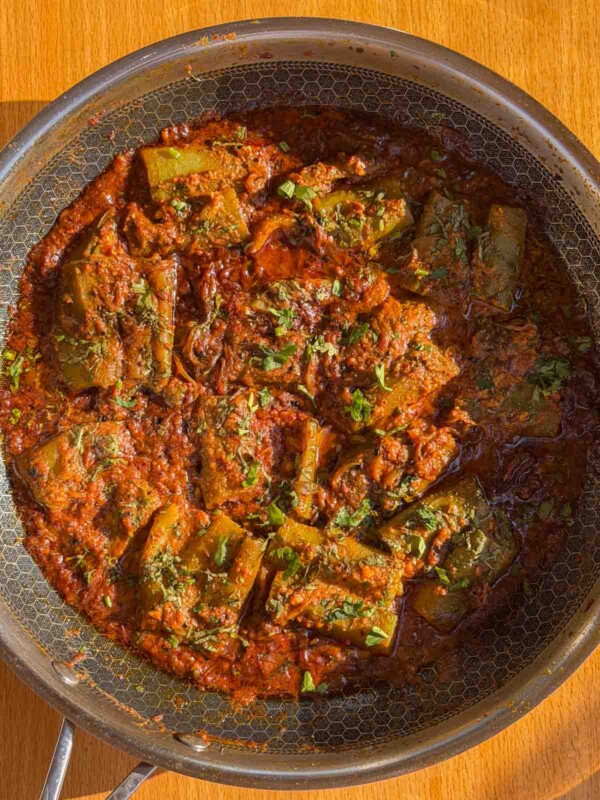 stuffed turai ki sabzi freshly made, still in the cooking pan